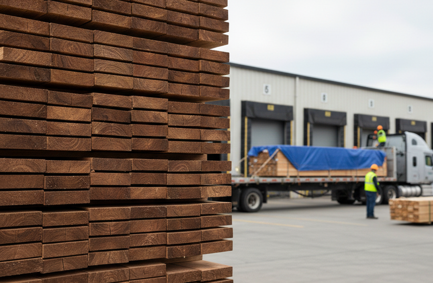 Stacked Ipe lumber at warehouse ready for delivery